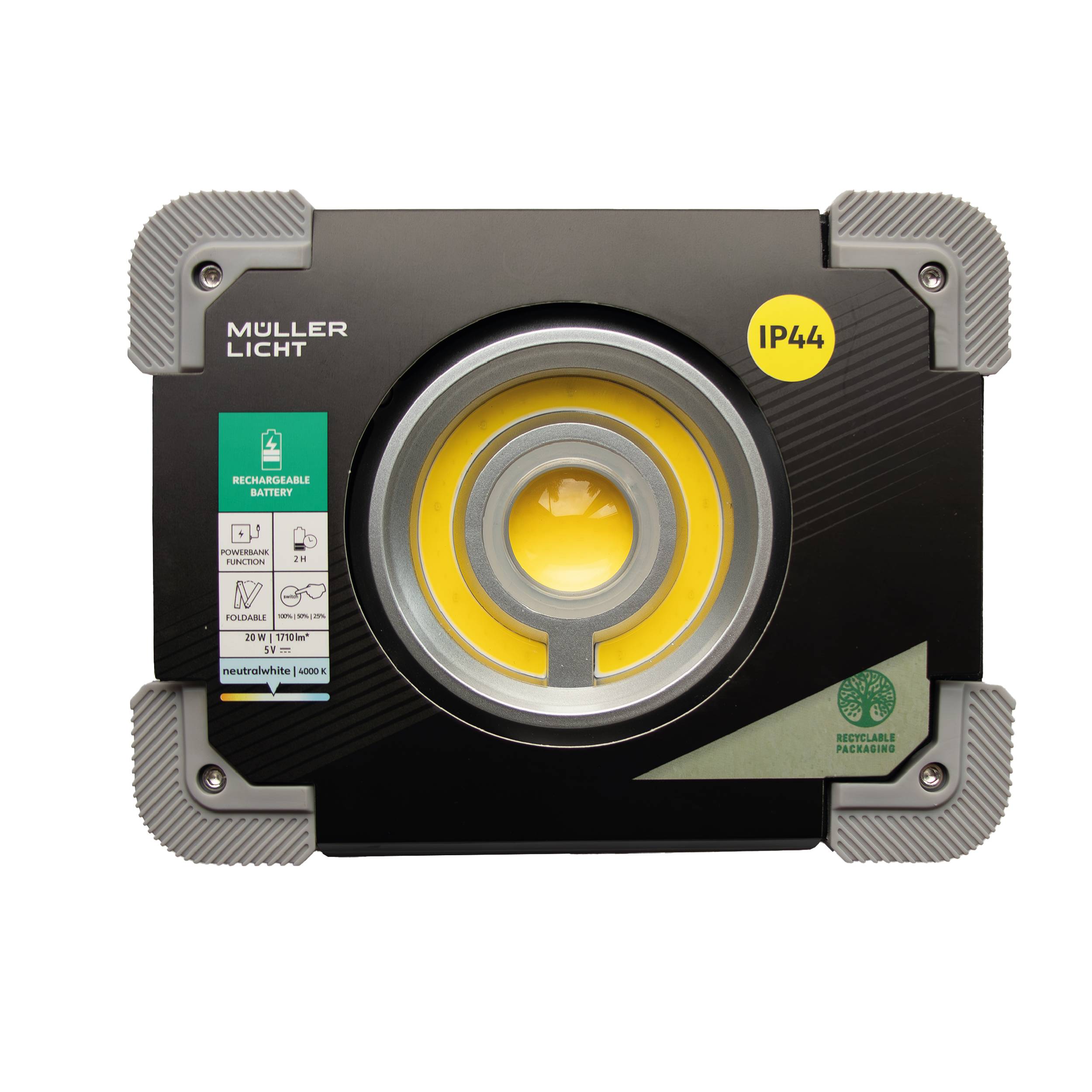 Ein schwarzes, quadratisches LED-Licht von 'Muller Licht' mit gelbem Label 'IP44' in der rechten oberen Ecke und Batteriefach.