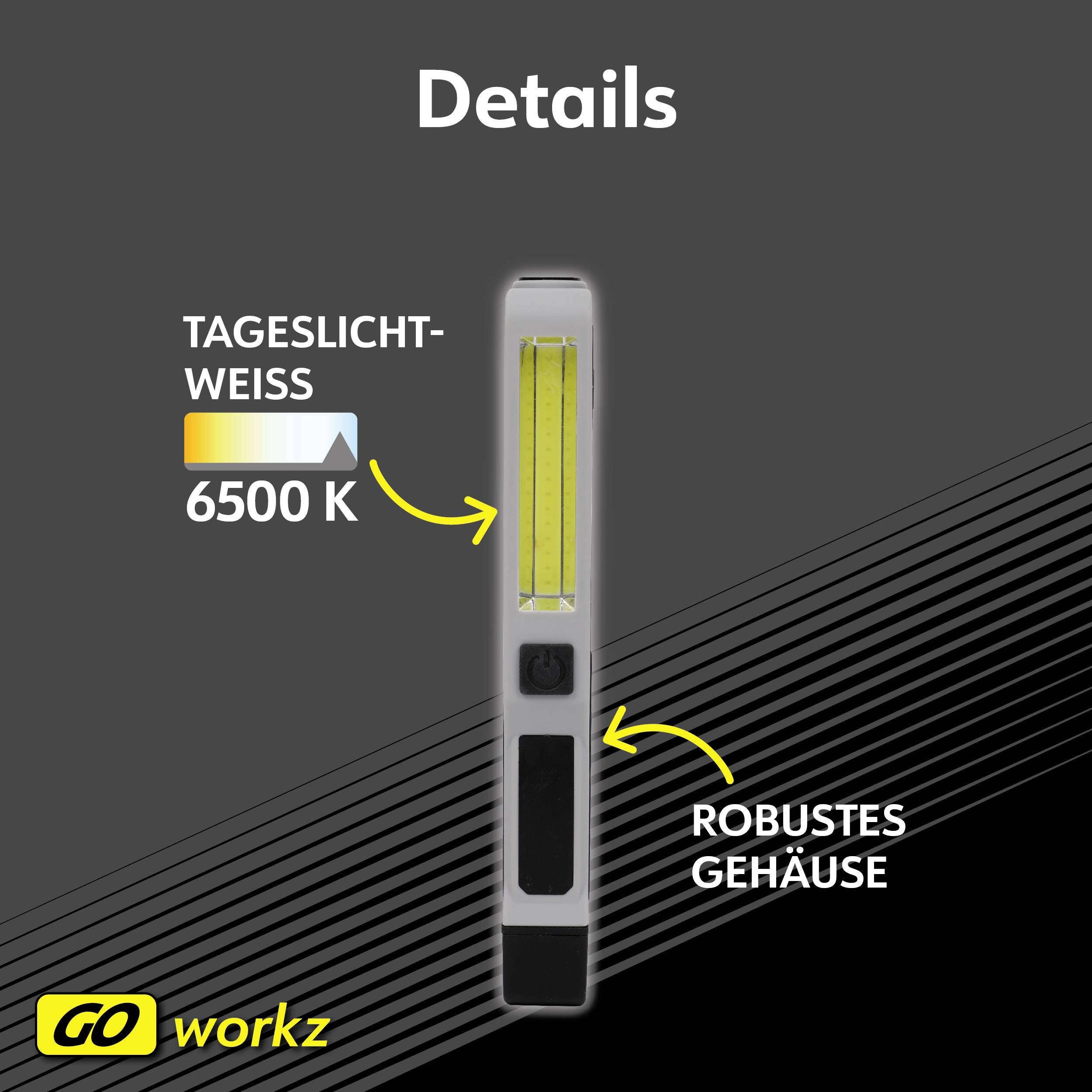 Eine Taschenlampe mit 6500 K Tageslichtweiß und robustem Gehäuse. Oben steht 'Details', unten links das Logo 'GO workz'.