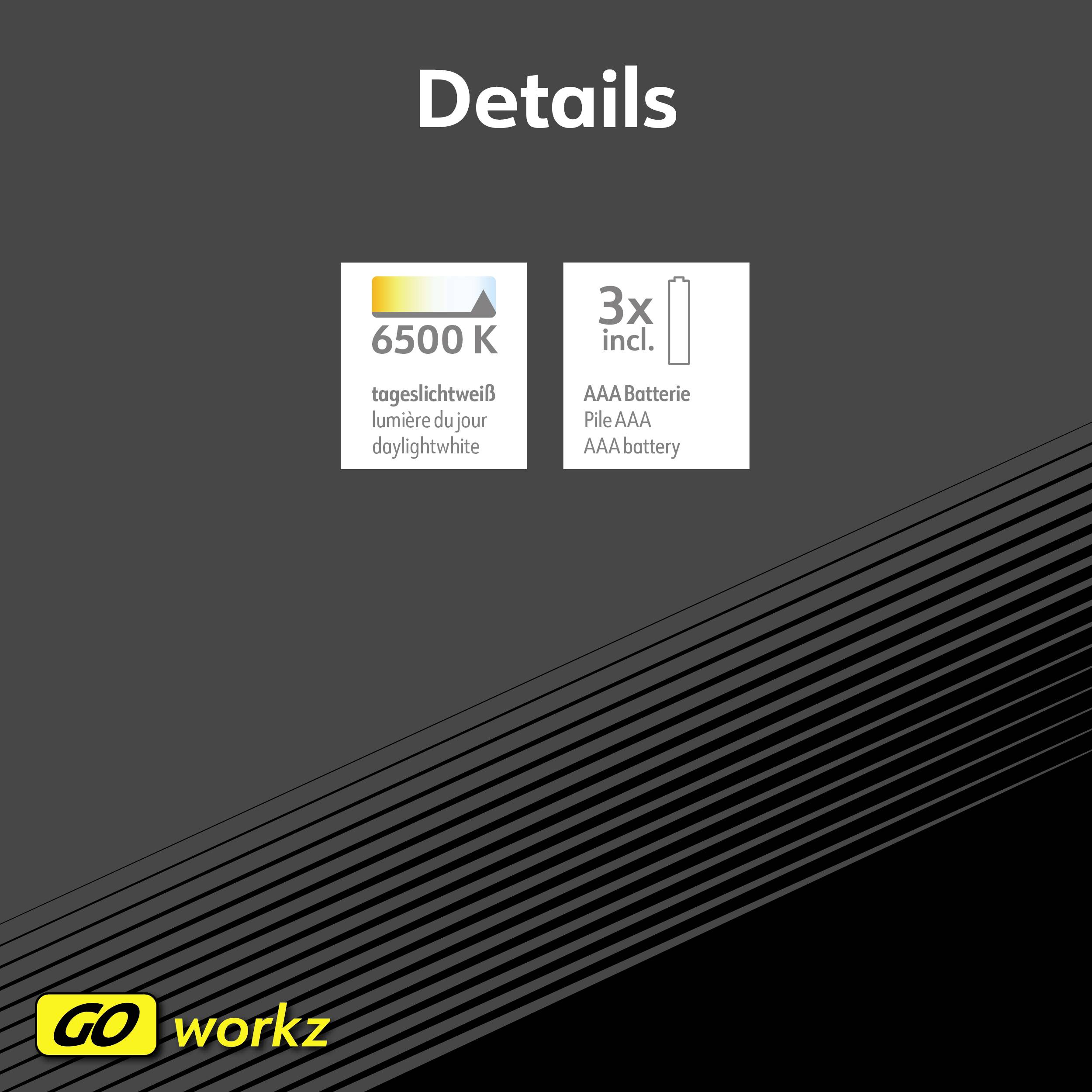 'Details': Farbtemperatur von 6500 K und benötigt 3 AAA-Batterien. Markenlogo 'GO workz' unten links platziert.