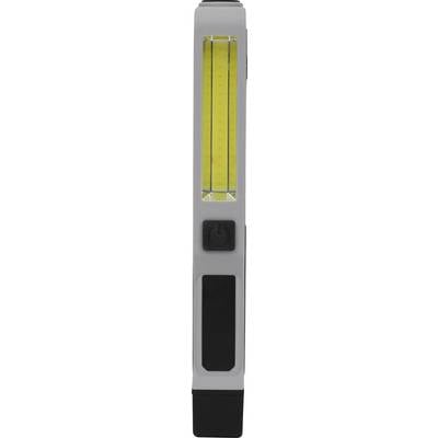 Graue und schwarze tragbare LED-Lampe in schlanker Bauform. Ideal für mobile Anwendung, mit einem leuchtend gelben Lichtstreifen.