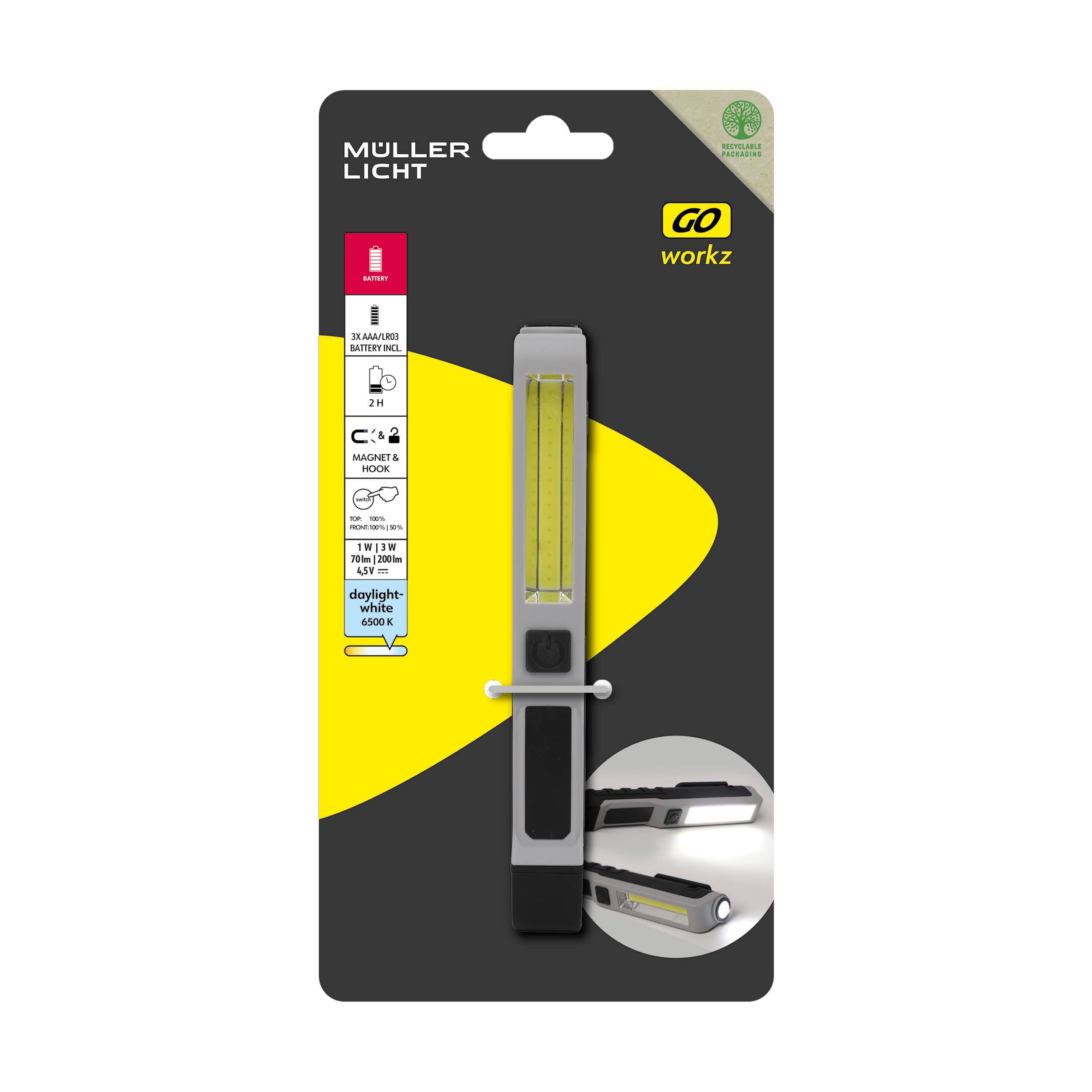 Verpackung eines Arbeitslichtes 'Müller Licht Go Workz', zeigt das Produktbild, die Lichtfarbe 6500K und 230 Lumen Helligkeit.
