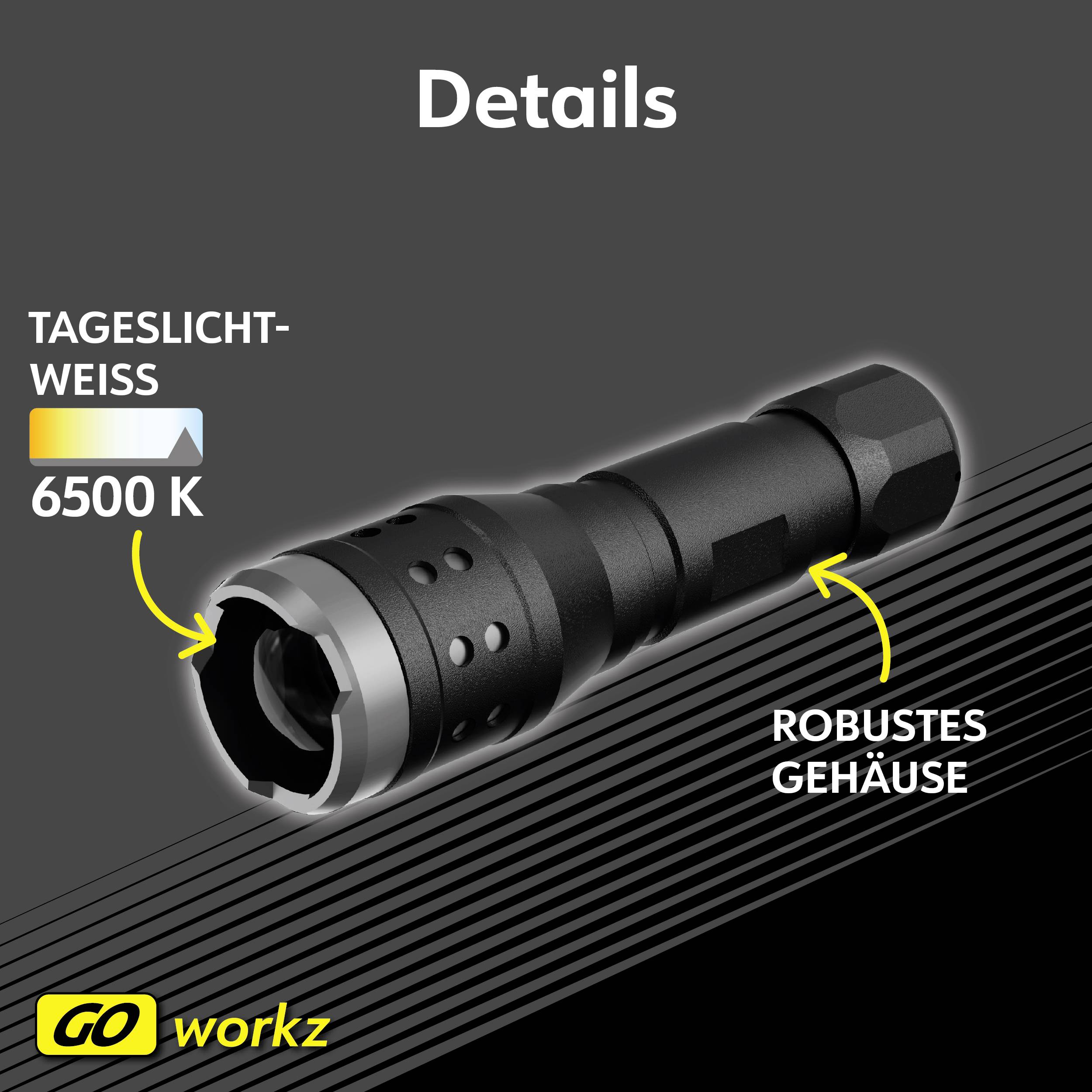 'Details' zeigt eine schwarze Taschenlampe mit robustem Gehäuse, Tageslichtweiß bei 6500 K. Marke: GO Workz.