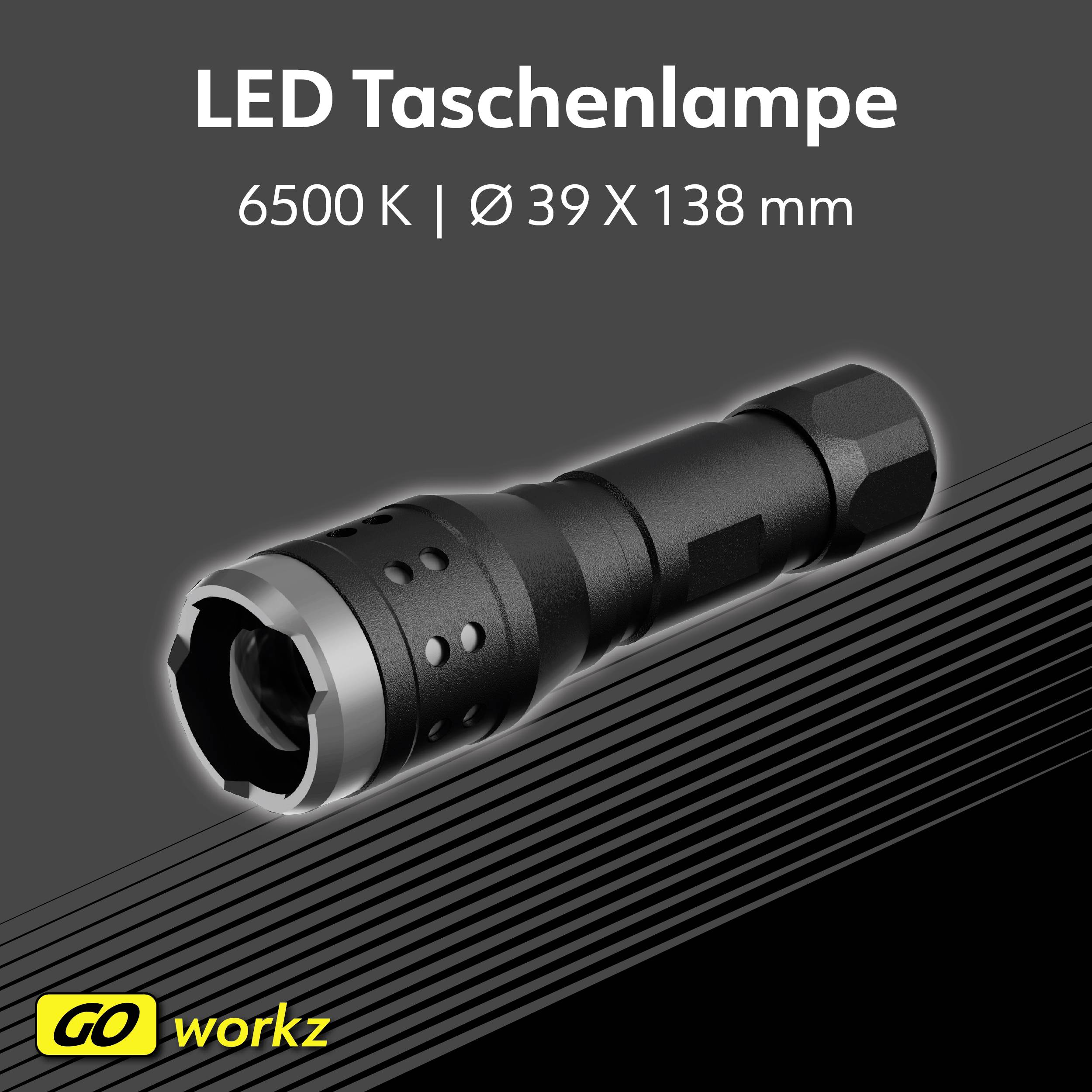 Schwarze LED-Taschenlampe auf gestreiftem Hintergrund. Text: 'LED Taschenlampe, 6500 K, Ø 39 X 138 mm'. Marke unten links.