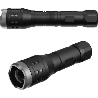 Zwei schwarze Taschenlampen, die nebeneinander liegen. Eine ist horizontal ausgerichtet, die andere liegt diagonal darunter.