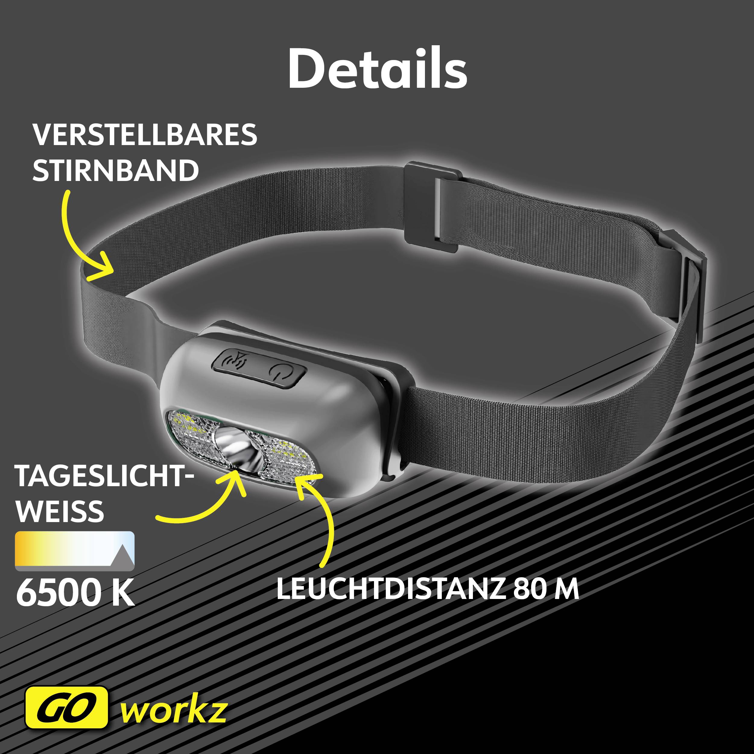 Kopflampe mit verstellbarem Stirnband, 6500 K Tageslichtweiß, Leuchtdistanz 80 m. Markenlogo 'GO workz' unten links.