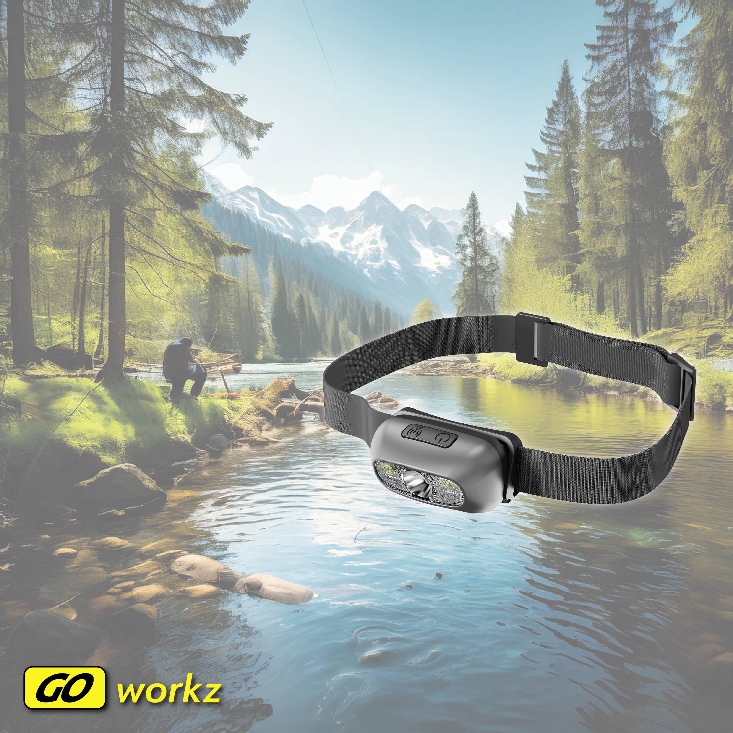Eine schwarze Stirnlampe schwebt vor einer landschaftlichen Szene mit Fluss, Bäumen und Bergen im Hintergrund. Unten links steht 'GO workz'.