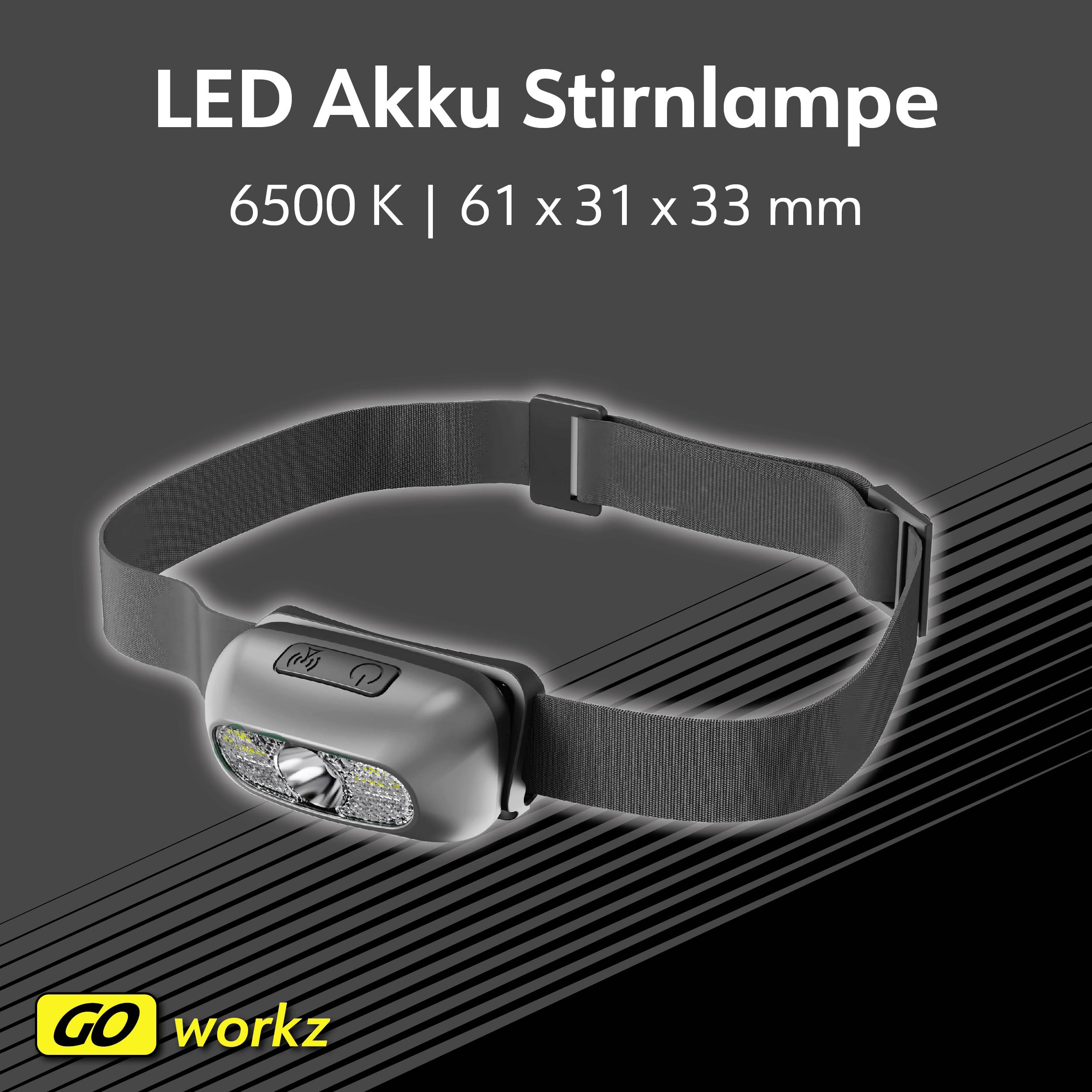 'LED Akku Stirnlampe 6500 K 61 x 31 x 33 mm' mit grauem Band und Logo 'GO workz' unten links auf schwarzem Hintergrund.