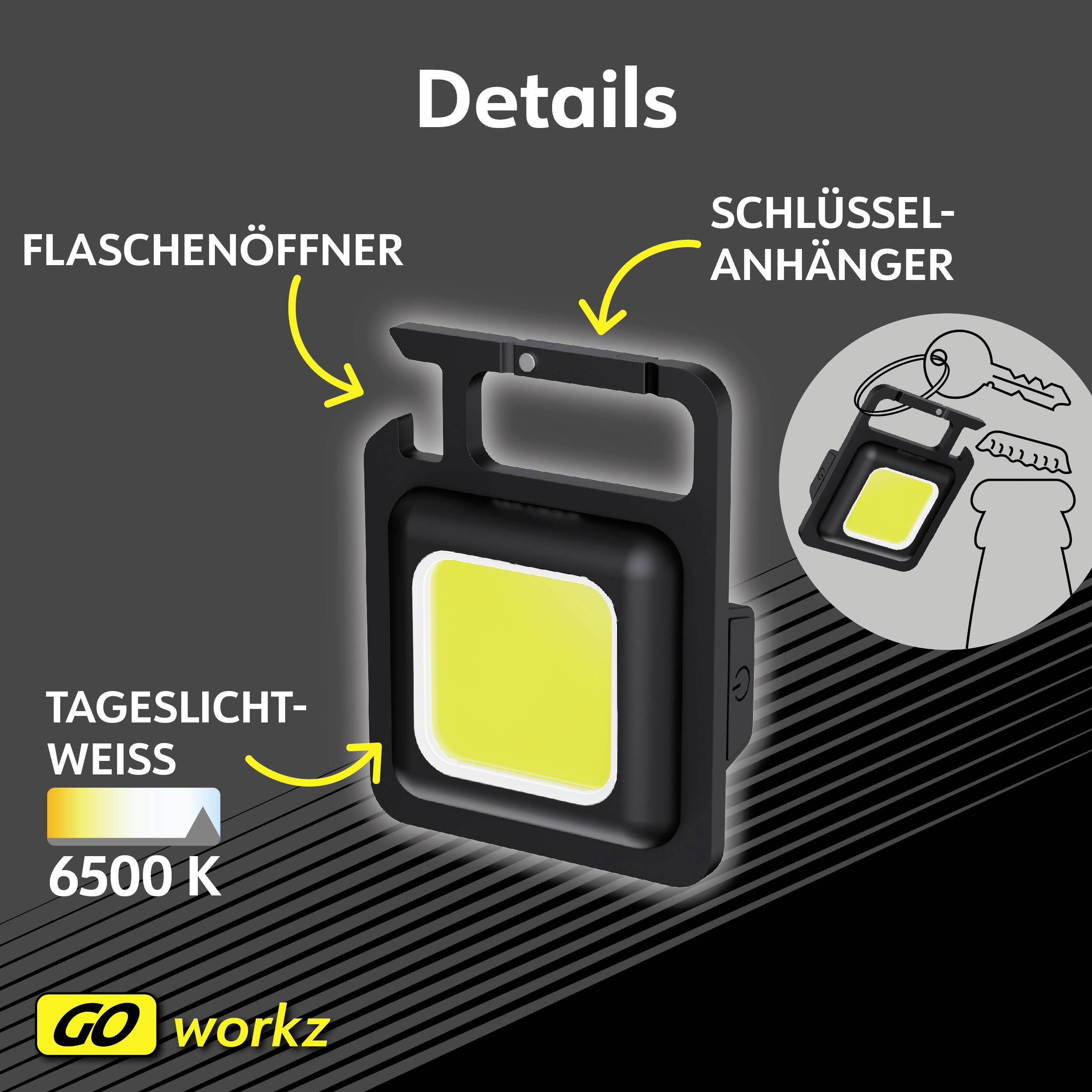 Tragbarer Arbeitslicht mit Tageslichtfarbe 6500K, geeignet als Flaschenöffner und Schlüsselanhänger. Markenname: GO workz.
