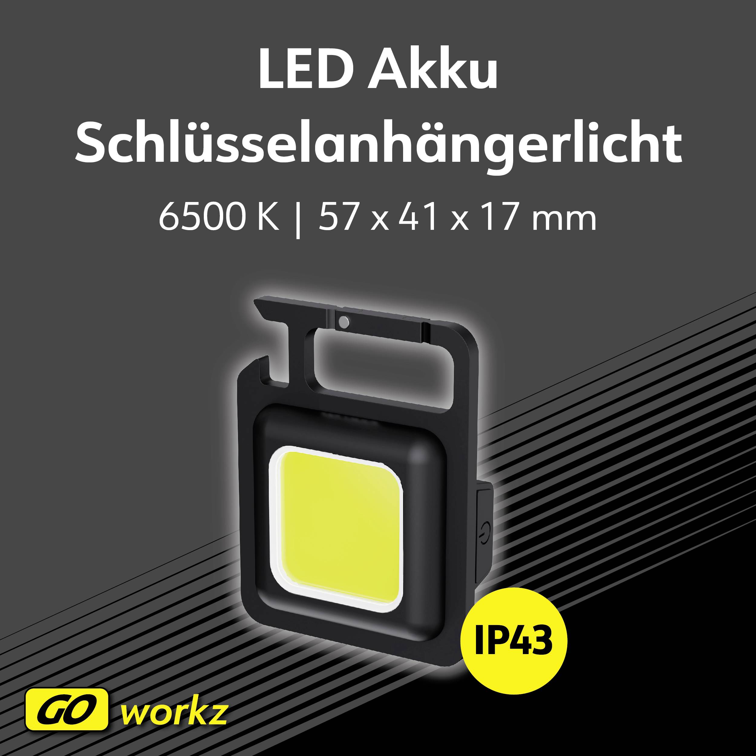 'LED Akku Schlüsselanhängerlicht, 6500 K, 57 x 41 x 17 mm' auf grauem Hintergrund mit gelber IP43-Markierung und schwarzem Gehäusedesign.