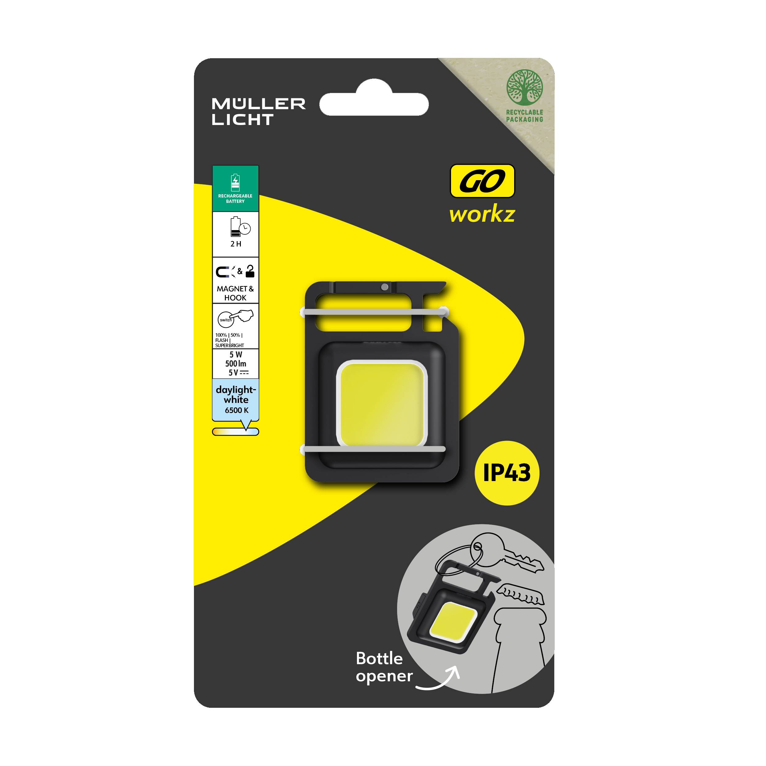 Verpackung einer LED-Arbeitsleuchte von Müller Licht mit 5 W, 4500 K, IP43, Flaschenöffner-Funktion. Umweltfreundlich zertifiziert.