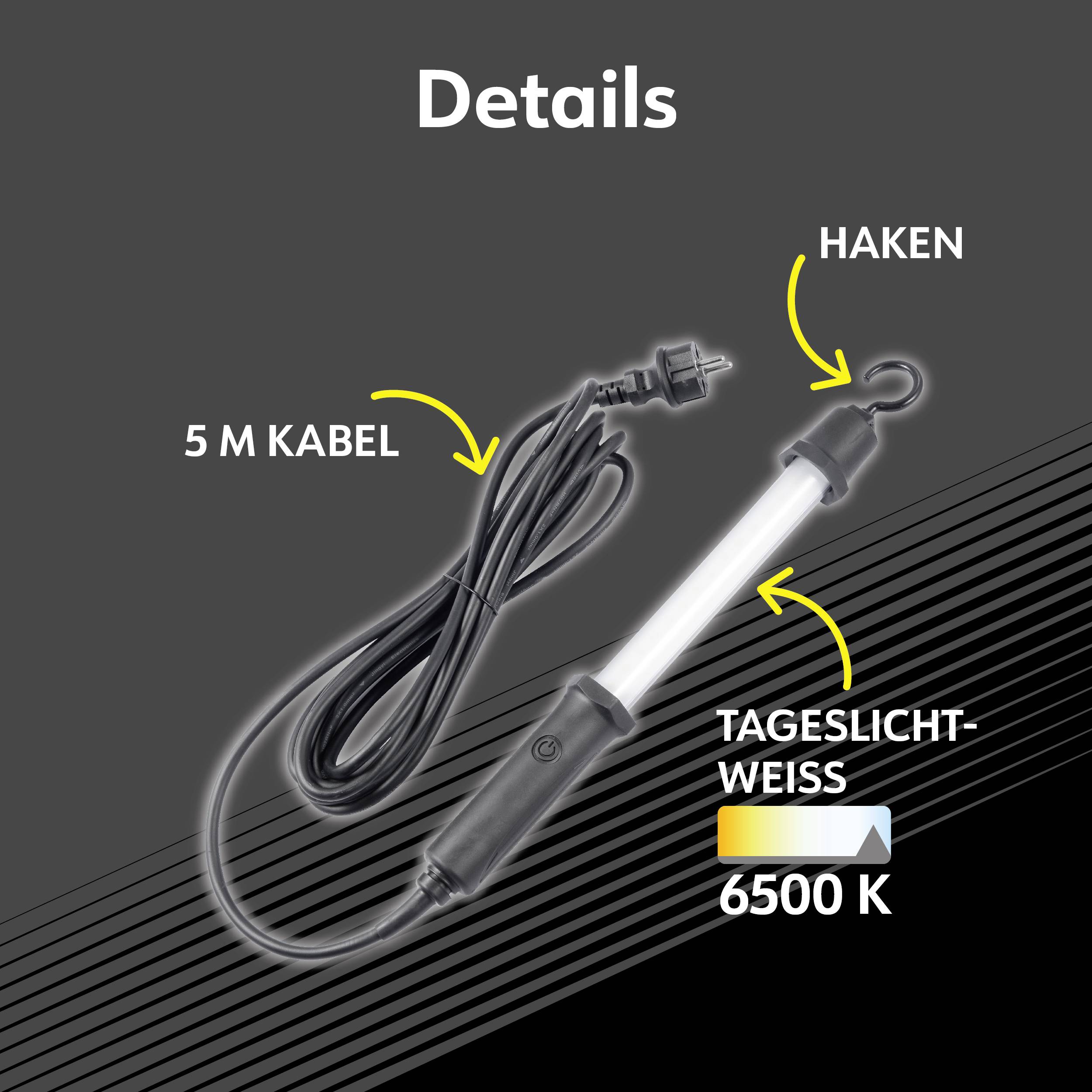 Hängelampe mit Haken, 5 m Kabel, leuchtet in Tageslichtweiß bei 6500 K.