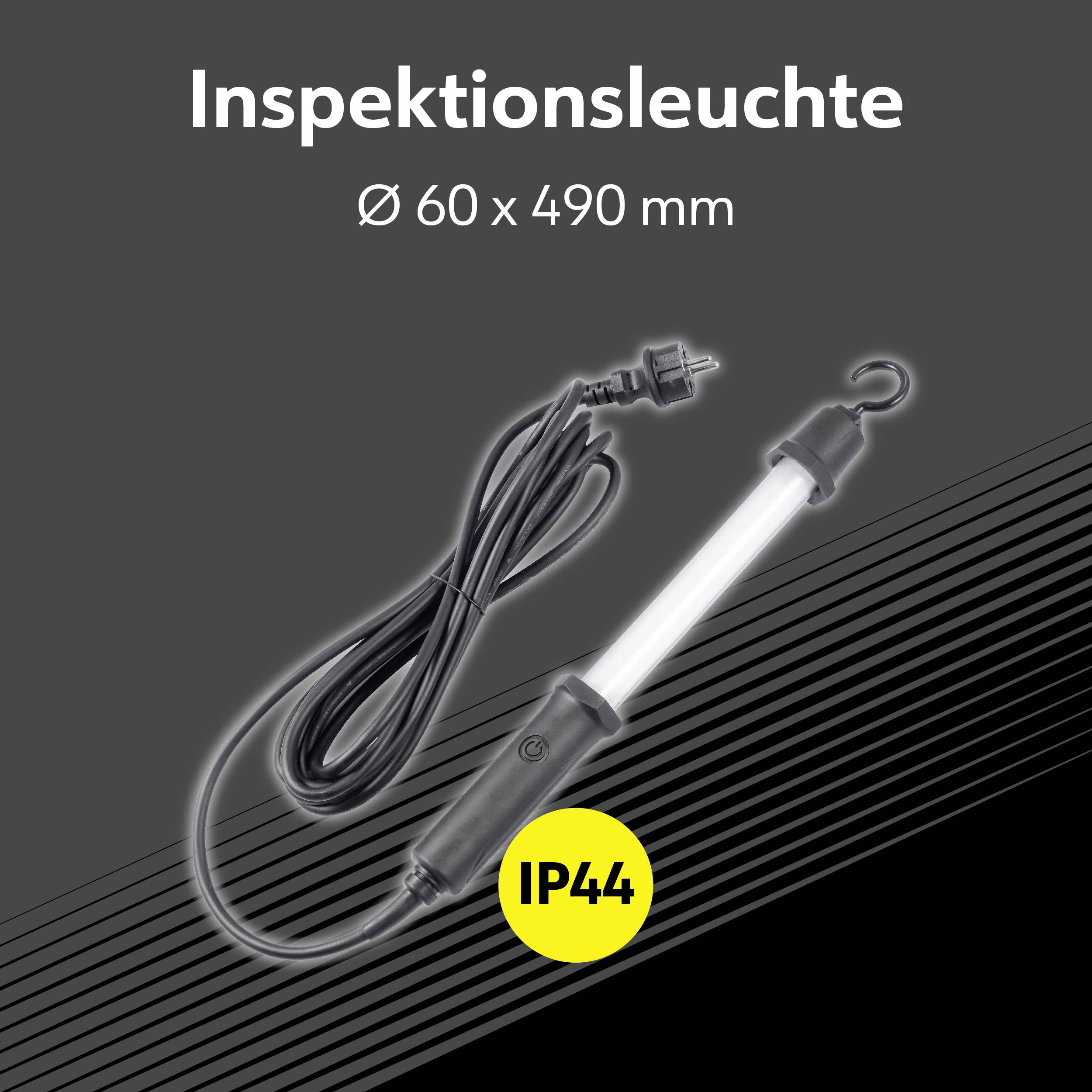 Inspektionsleuchte mit Kabel und Stecker, Länge 490 mm, Durchmesser 60 mm, Schutzklasse IP44, geeignet für den Innen- und Außenbereich.