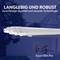 'Langlebig und robust. Zuverlässige Qualität und neueste Technologie. Aqua-Slim Pro.' LED-Leuchte vor modernem Gebäude und Motorrad.