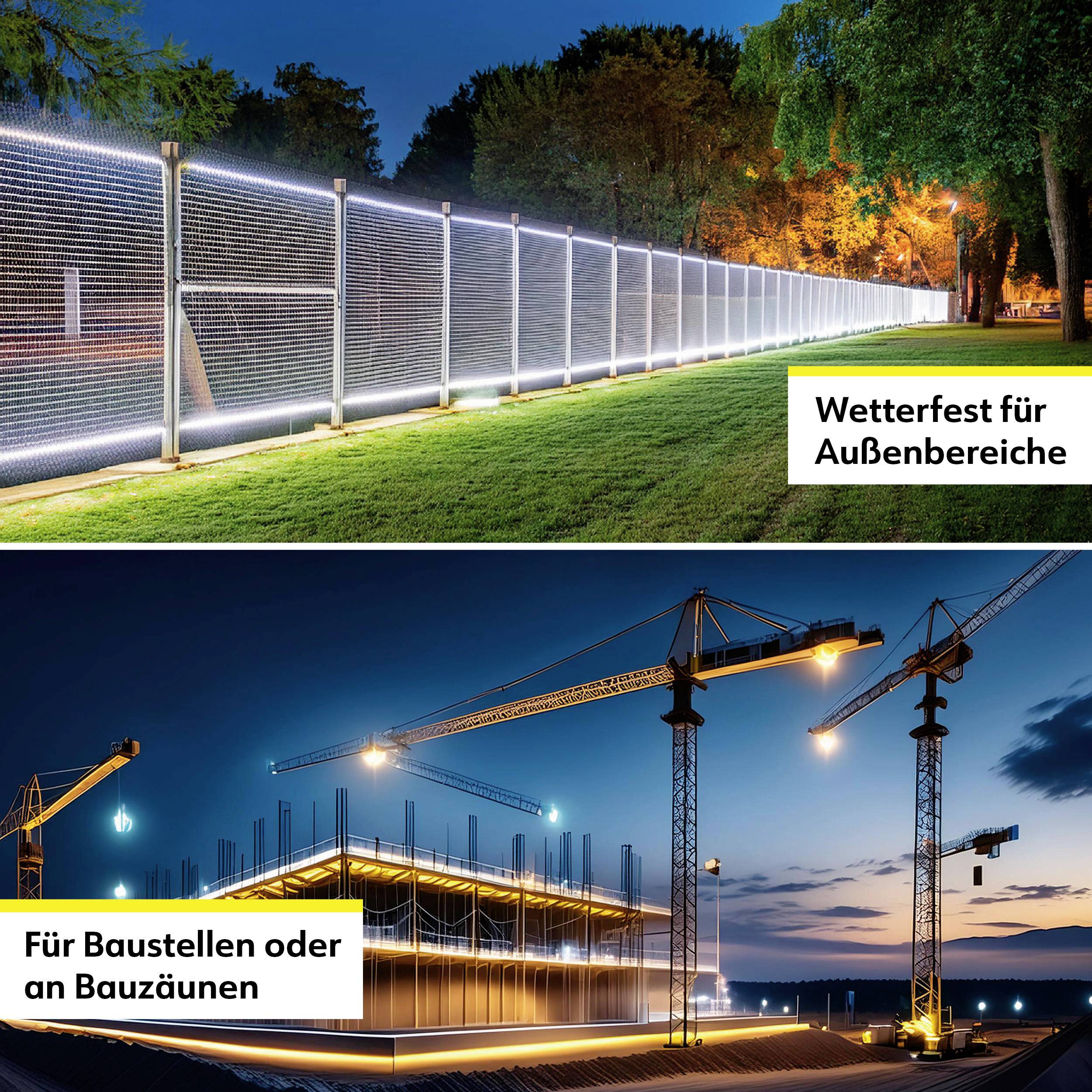 Oben: Beleuchteter Zaun entlang eines Außenbereichs bei Nacht. Unten: Baustelle mit Kränen bei Sonnenuntergang, Text 'Für Baustellen oder an Bauzäunen'.