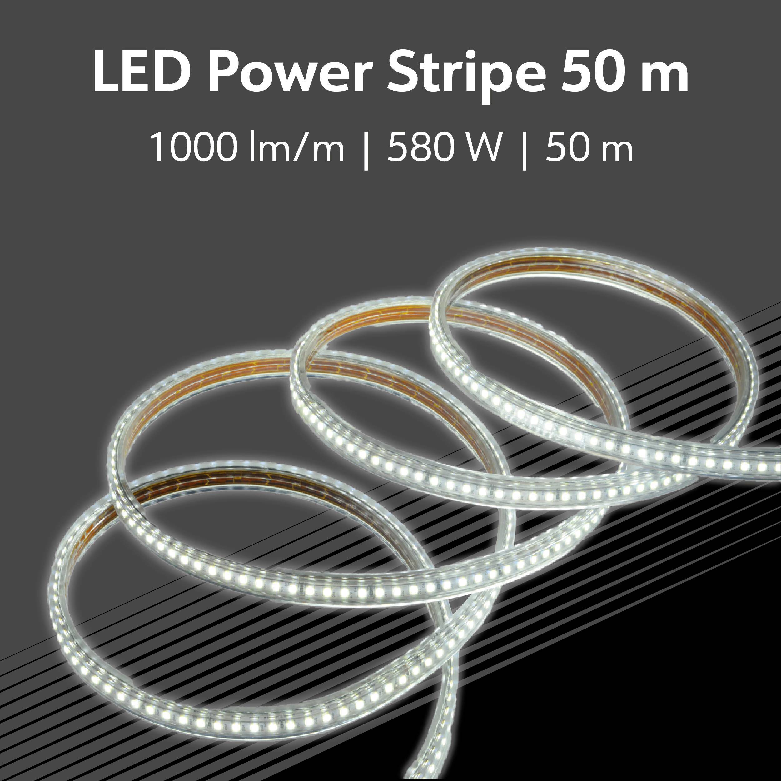 'LED Power Stripe 50 m, 1000 lm/m, 580 W, 50 m' steht über einem Bild mit leuchtenden LED-Streifen in kreisförmiger Anordnung.