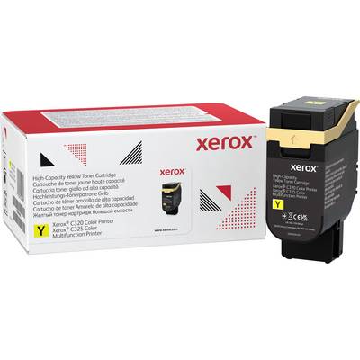 Gelber Tonerbehälter für Xerox C320 Farbdrucker, neben der Verpackung dargestellt. Verwendet für Druckanwendungen.