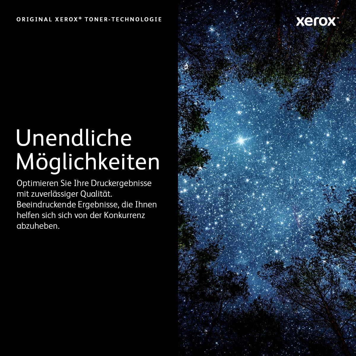 Ein Baum mit strahlend blauem Himmel im Hintergrund. Links steht 'Unendliche Möglichkeiten', darunter Text über Druckerqualität und Konkurrenz. Oben das Xerox-Logo.