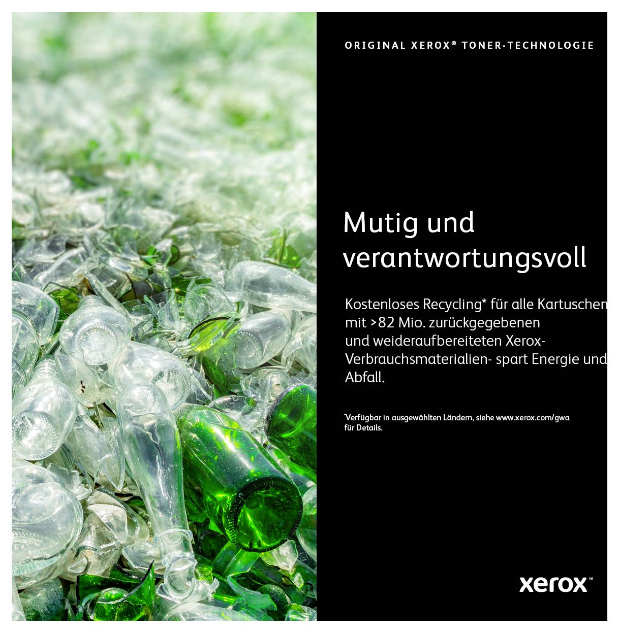 'Hintergrund aus recycelbaren Flaschen. Text: Mutig und verantwortungsvoll. Kostenloses Recycling für alle Kartuschen.'