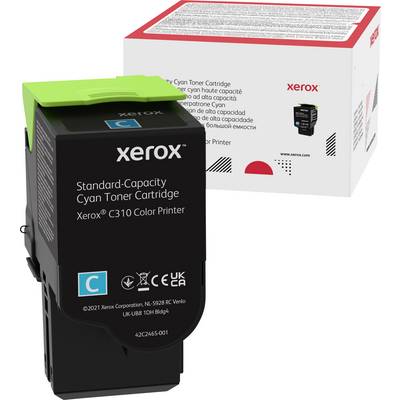 Patrone und Verpackung der Xerox Standard-Kapazität Cyan Tonerkartusche für den Xerox C310 Farbprinter, mit Produkttexten.