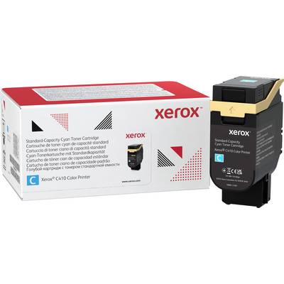 'Xerox C310' Druckertonerkartusche in Cyan neben ihrer Verpackung, die in mehreren Sprachen die Kapazität und Kompatibilität beschreibt.