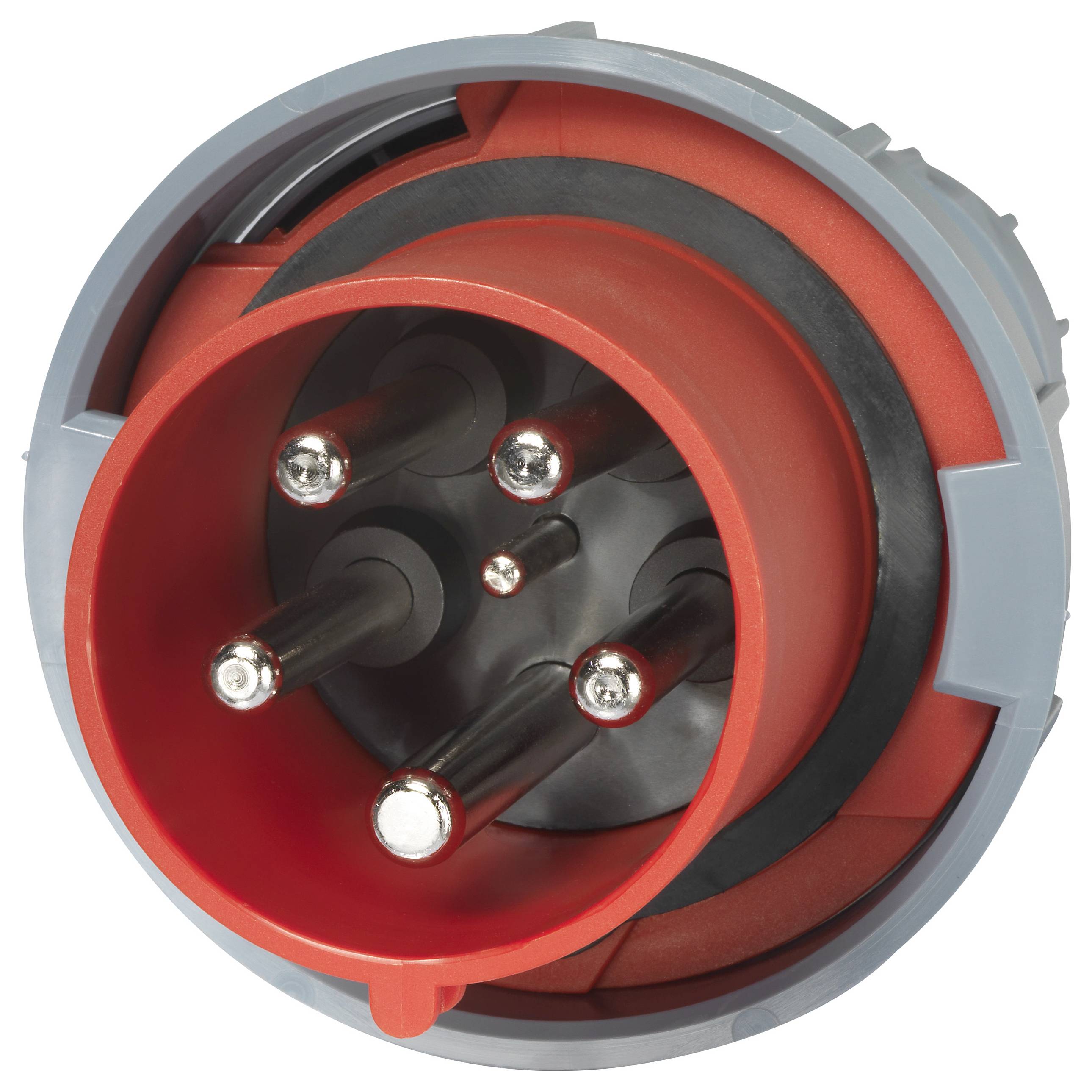 Industrie-Drehstromstecker mit fünf Stiften und einem grauen Gehäuse; verwendet für hochspannungsfähige Verbindungen.