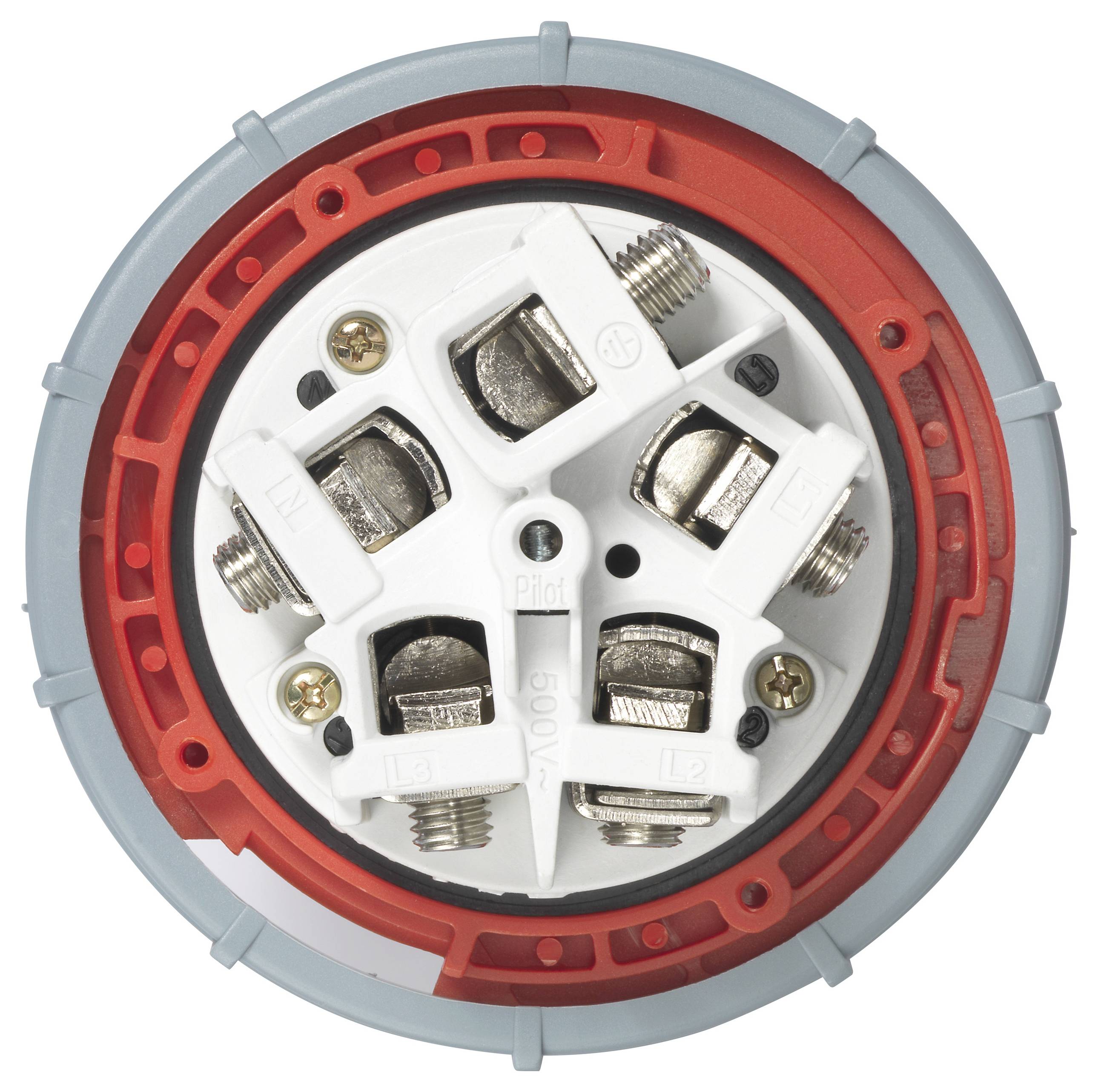 Industrieller elektrischer Stecker in Nahaufnahme mit rot-grauem Gehäuse und vier weißen, metallischen Anschlüssen zur Stromübertragung.