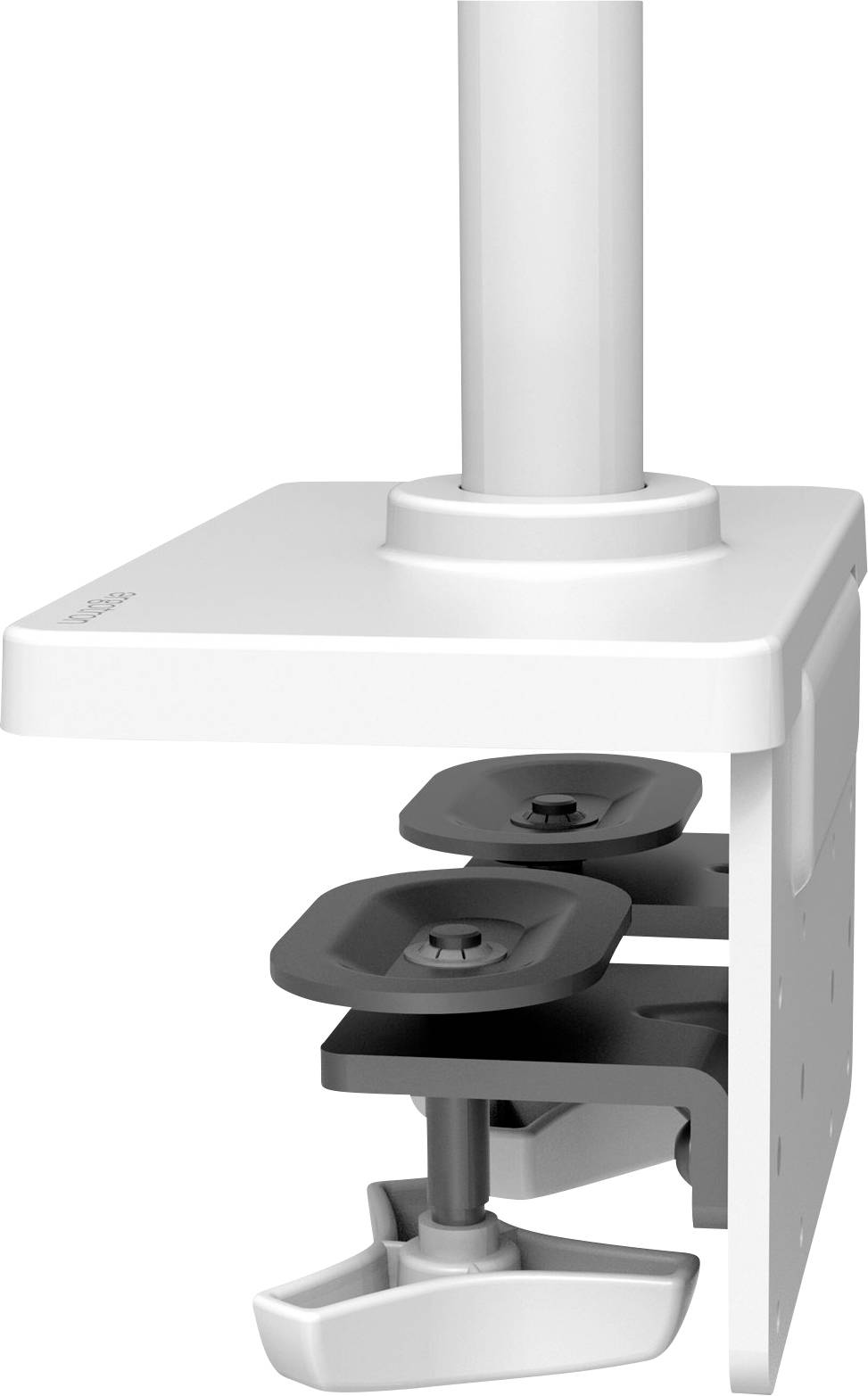 Ein weißes Wandbefestigungssystem zur Unterstützung von Monitorarmen. Es verfügt über justierbare Halterungen und ermöglicht flexible Positionierung.