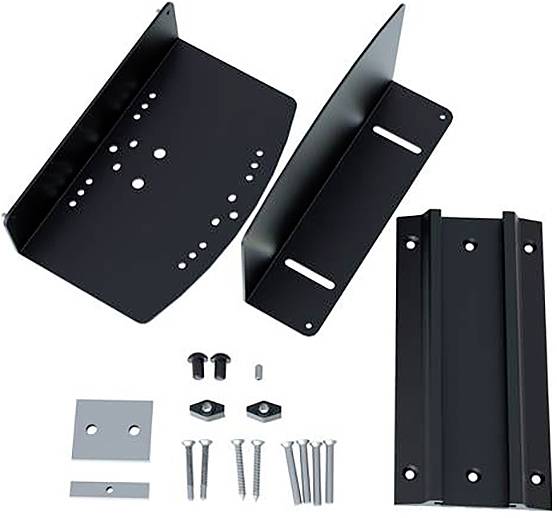 Schwarze Metallhalterung und Montagematerial, einschließlich Schrauben und Bolzen, auf einer weißen Fläche. Geeignet für Wandmontage.
