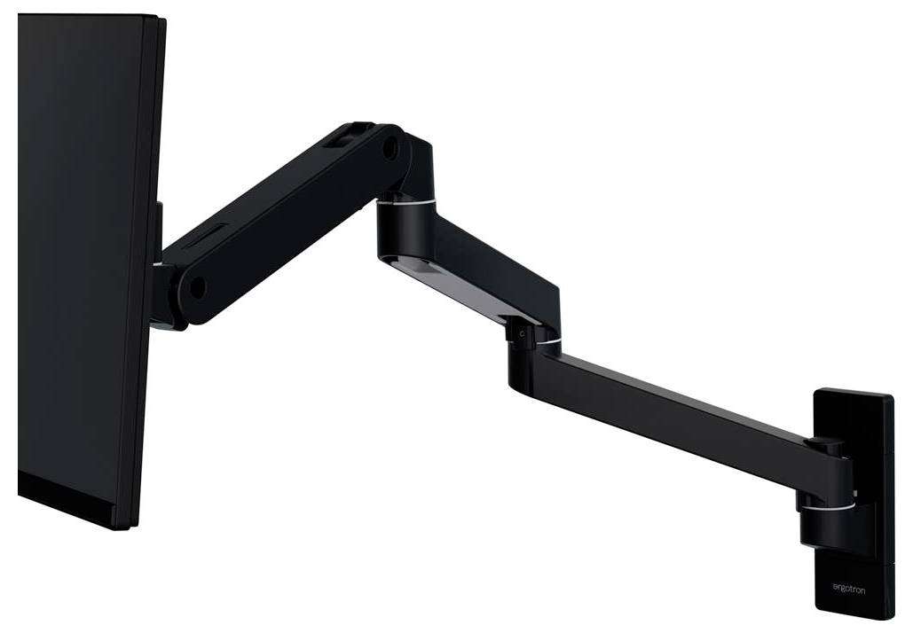 Ein schwarzer Monitorhalterungsarm an der Wand, der einen Bildschirm hält. Der Arm ist in mehrere Gelenke unterteilt und flexibel.