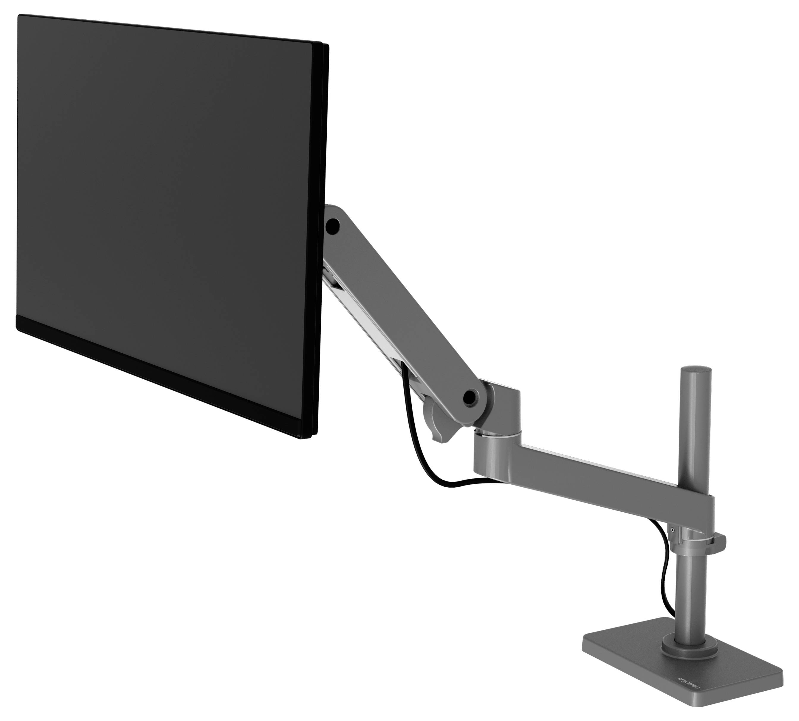 Monitor auf vollbeweglichem Arm, befestigt an einem Tischständer. Der Arm erlaubt Höhenverstellung und Neigung, optimiert Ergonomie am Arbeitsplatz.