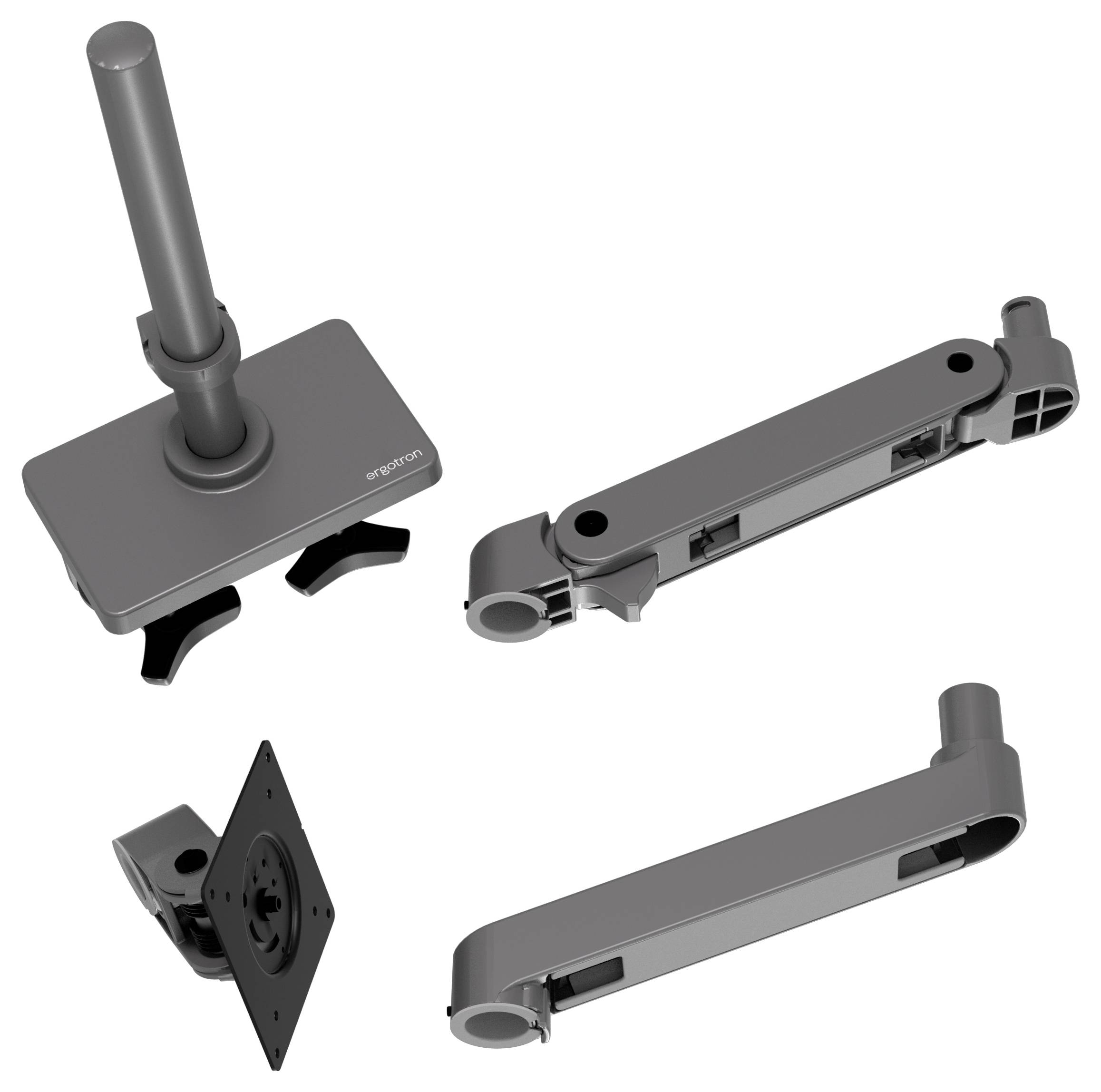 Zwei Metallarme und eine Halterung für einen Monitorarm, gezeigt in verschiedenen Perspektiven zur Veranschaulichung der Komponenten.