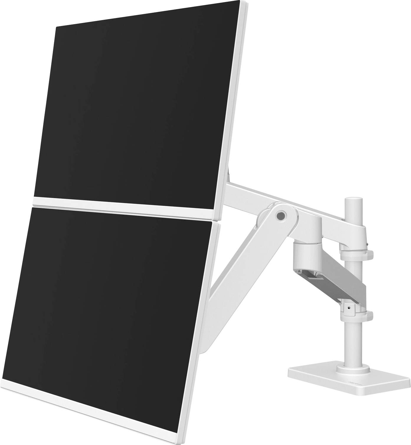 Ein weißer Monitorarm mit zwei montierten schwarzen Bildschirmen, horizontal angeordnet, zeigt flexible Einstellmöglichkeiten.
