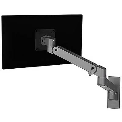 Ein schwarzer Monitor ist an einem flexiblen, verstellbaren Monitorarm befestigt, der an einer Wandhalterung montiert ist.