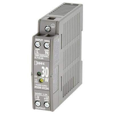 Ein 30-Watt-Netzteil von IDEC mit Eingangsbereich 100-240VAC und Ausgang 24VDC, 1,3A. Befestigung mit zwei Schrauben oben.