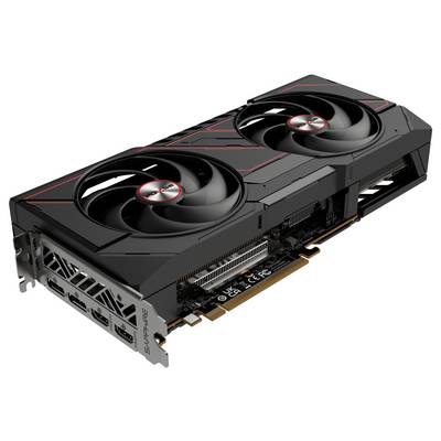 Grafikkarte mit zwei großen Lüftern, schwarzem Gehäuse und mehreren Display-Anschlüssen an der Seite, geeignet für Gaming-PCs.