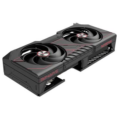 Eine schwarze Grafikkarte mit zwei großen Lüftern und roten Akzenten. Markiert mit 'Sapphire' und 'Radeon'.