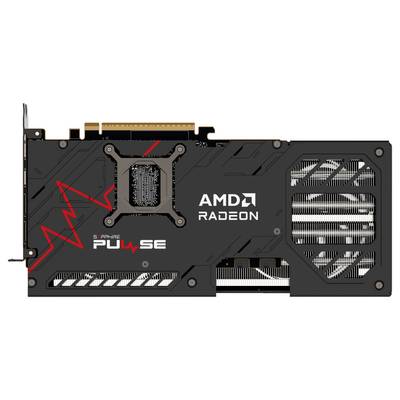 AMD Radeon GraKa mit schwarzem Design, rotem Zierstreifen und Pulse-Logo. Lüftungsschlitze sichtbar, städtischer Hintergrund fehlt.