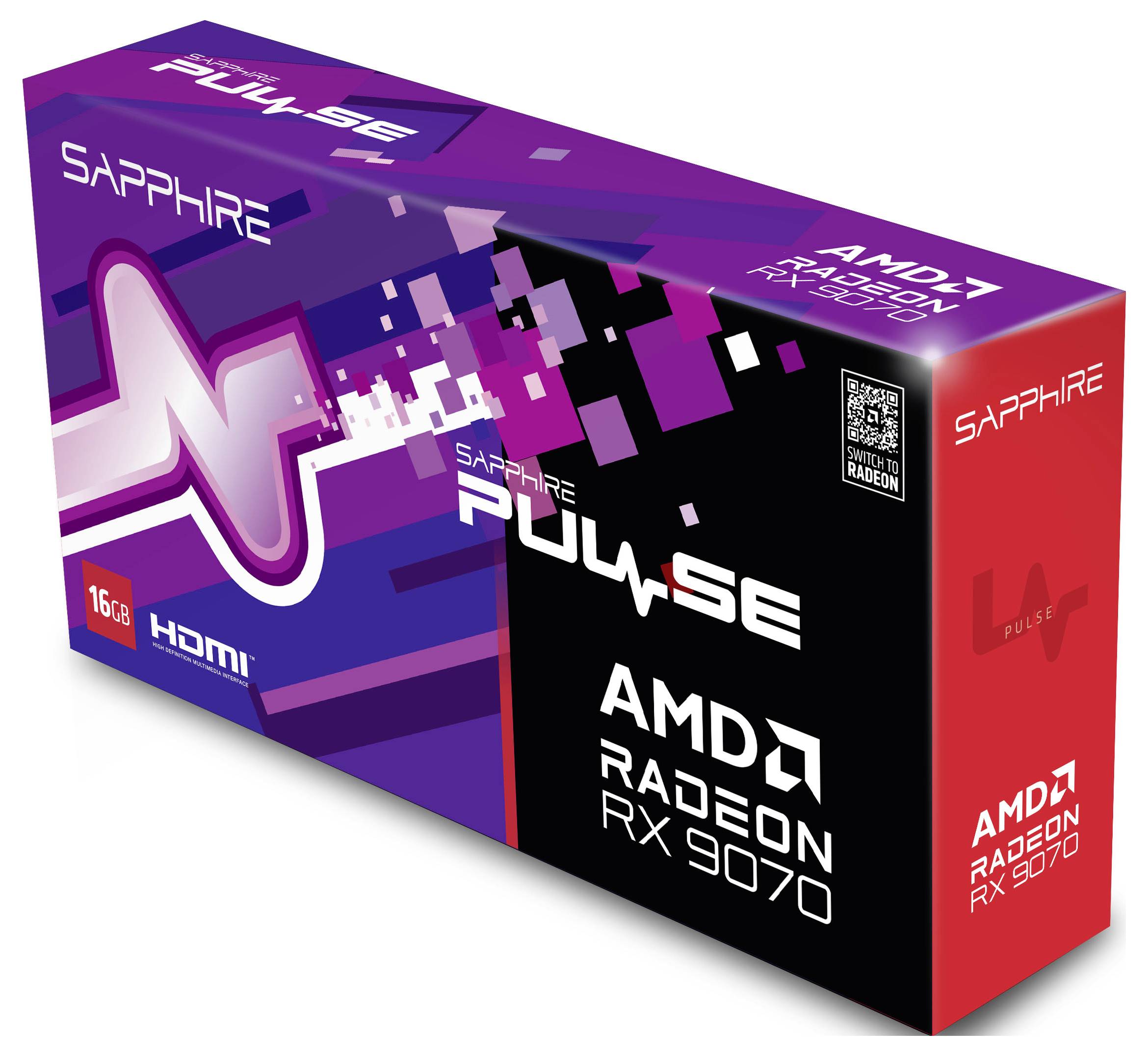 Grafikkartenverpackung 'Sapphire PULSE' im Design mit AMD Radeon RX 7900. Enthält 16 GB, HDMI. Verpackungsfarben: Lila und Rot.