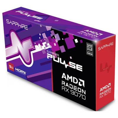 Grafikkartenverpackung 'Sapphire PULSE' im Design mit AMD Radeon RX 7900. Enthält 16 GB, HDMI. Verpackungsfarben: Lila und Rot.