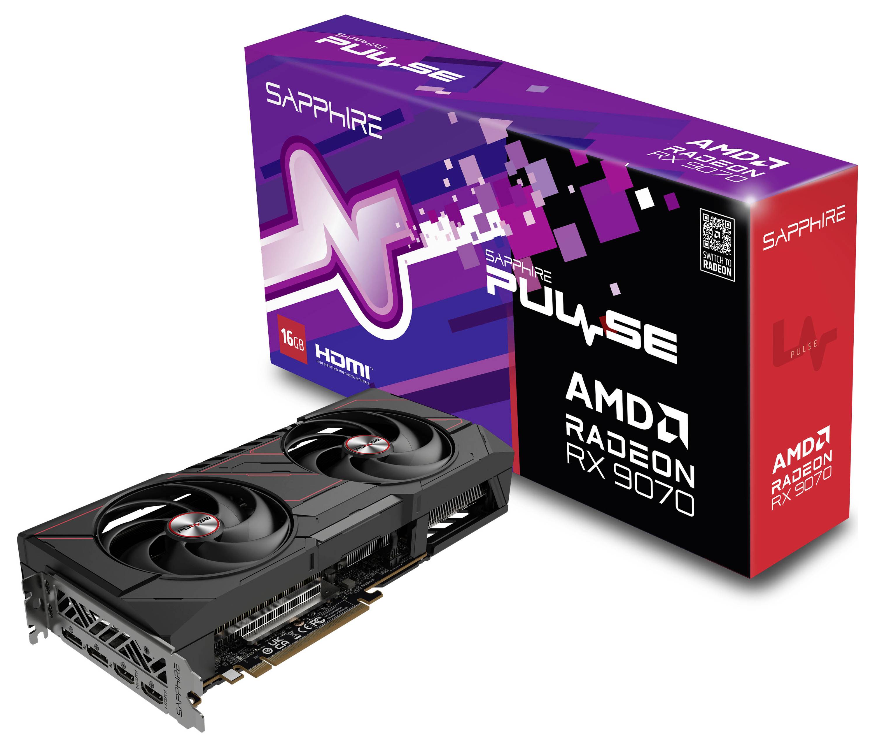 Eine Sapphire Pulse AMD Radeon RX 7900 Grafikarte neben der Verpackung mit lila und rotem Design.