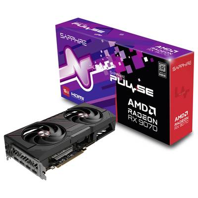 Eine Sapphire Pulse AMD Radeon RX 7900 Grafikarte neben der Verpackung mit lila und rotem Design.