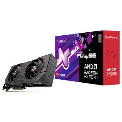 Grafikkarte Sapphire PULSE AMD Radeon RX 9070 neben einer Verpackung mit Markenlogo und Produktinformationen.