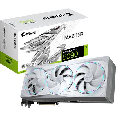 Eine Verpackung und Grafikkarte 'Aorus GeForce RTX 5090 Master' mit drei Lüftern, futuristischem Design und grünem Schriftzug.
