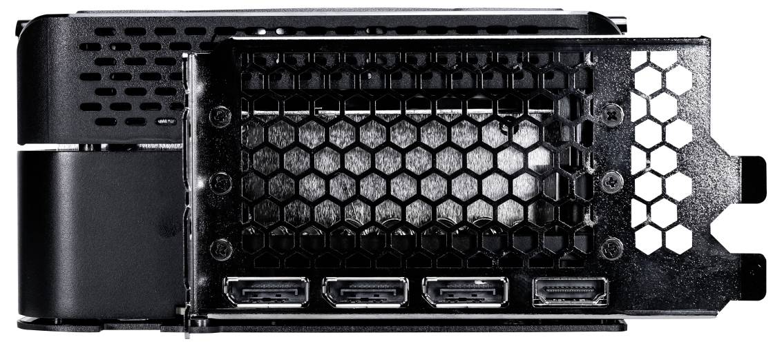 'Grafikkartenanschlüsse an der Rückseite eines Computers. Zu sehen sind drei DisplayPorts und ein HDMI-Anschluss.'