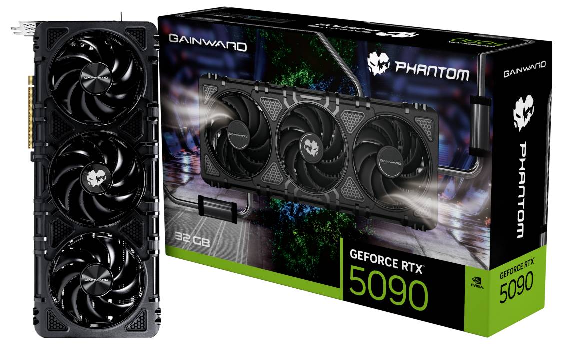 'Gainward GeForce RTX 5090 Phantom' Grafikkarte und Verpackung mit Lüftern und grün-schwarzem Design. 32GB Kapazität hervorgehoben.