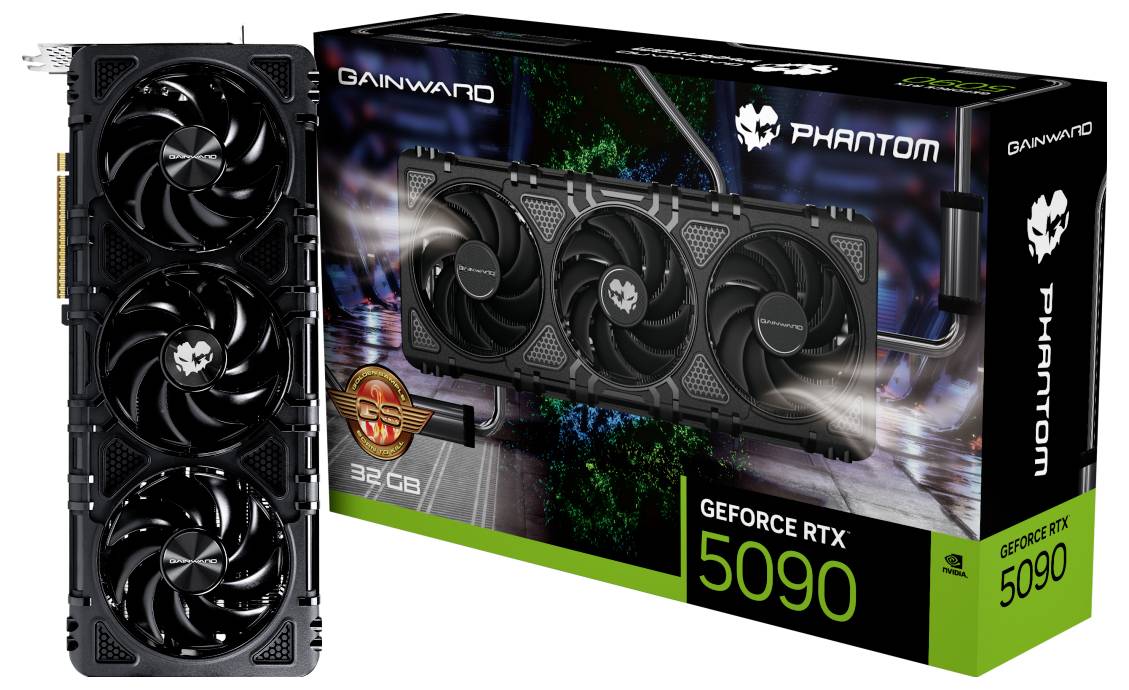 Gainward 'Phantom' GeForce RTX 5090 Grafikkarten-Verpackung und die Karte selbst, hervorgehoben mit drei Kühllüftern.