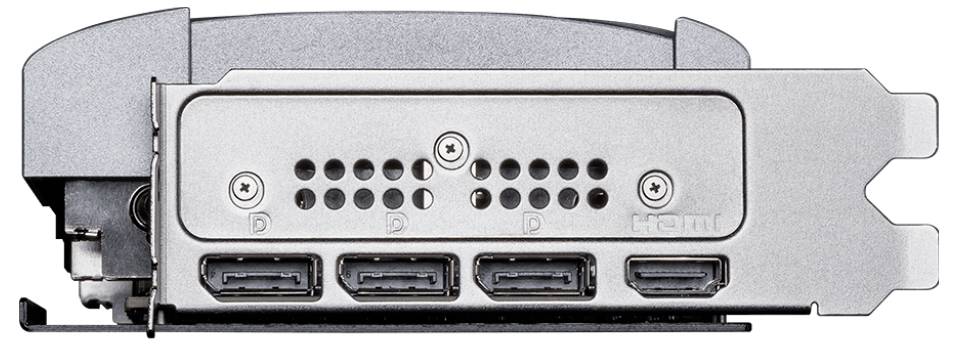 'Rückseite einer Grafikkarte mit drei DisplayPort-Anschlüssen und einem HDMI-Anschluss, gezeigt von hinten.'