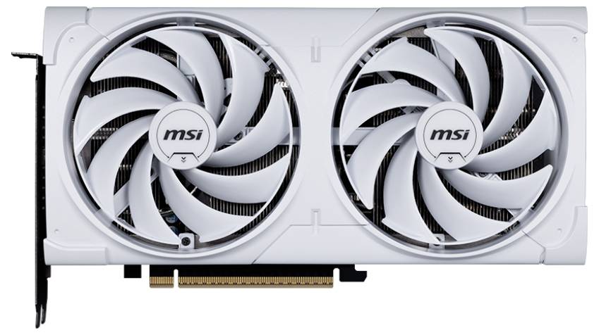 Eine weiße Grafikkarte mit zwei großen Lüftern, Markenlogo in der Mitte. Sie ist zur Kühlung von Computer-Hardware konzipiert.