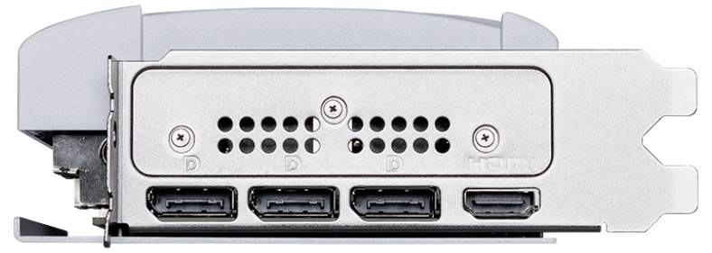 Die Rückseite einer Grafikkarte zeigt drei DisplayPorts und einen HDMI-Anschluss.