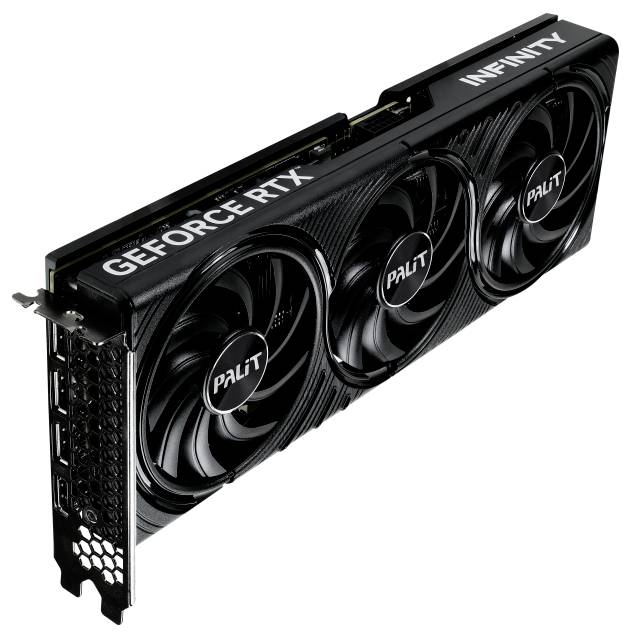 Grafikkarte mit drei Lüftern und der Aufschrift 'GEFORCE RTX' und 'PALIT' auf schwarzem Gehäuse.